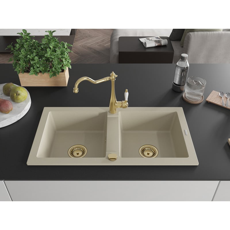 Mexen Mario évier en granit 2 bacs avec robinet de cuisine Carla, beige - 6504-69-670700-50