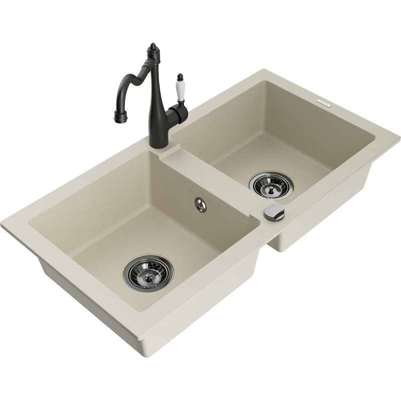 Mexen Mario évier en granit 2 bacs avec robinet de cuisine Carla, beige - 6504-69-670700-70
