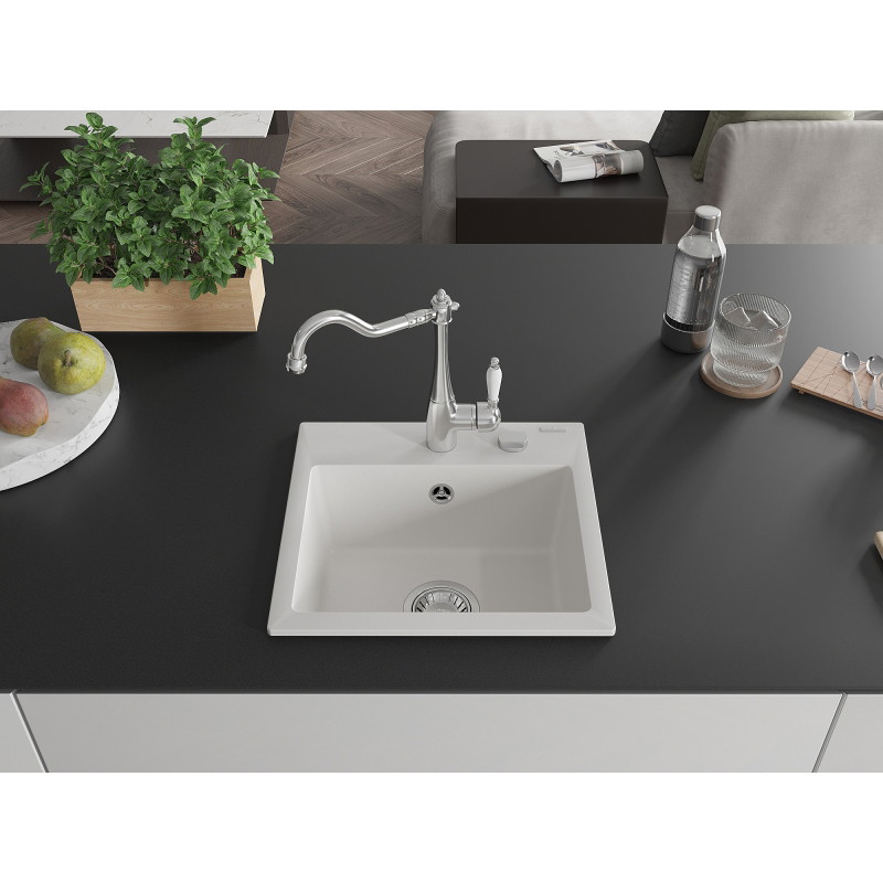 Mexen Milo évier en granit 1-cuillère avec robinet de cuisine Carla, blanc - 6505-20-670700-00
