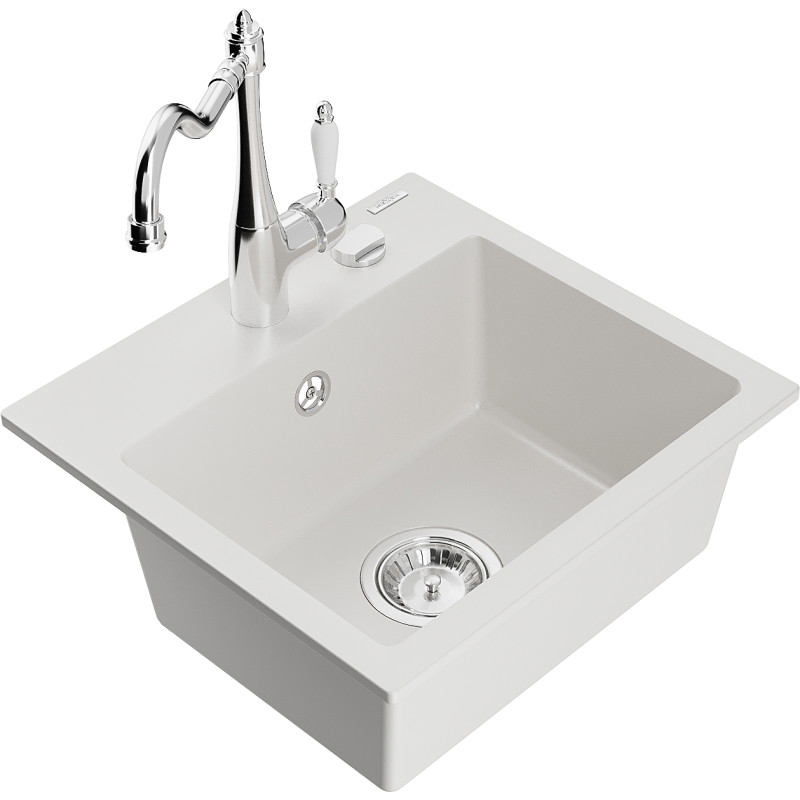 Mexen Milo évier en granit 1-cuillère avec robinet de cuisine Carla, blanc - 6505-20-670700-00