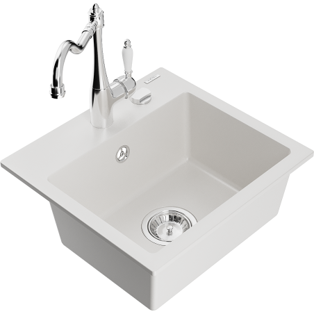 Mexen Milo évier en granit 1-cuillère avec robinet de cuisine Carla, blanc - 6505-20-670700-00