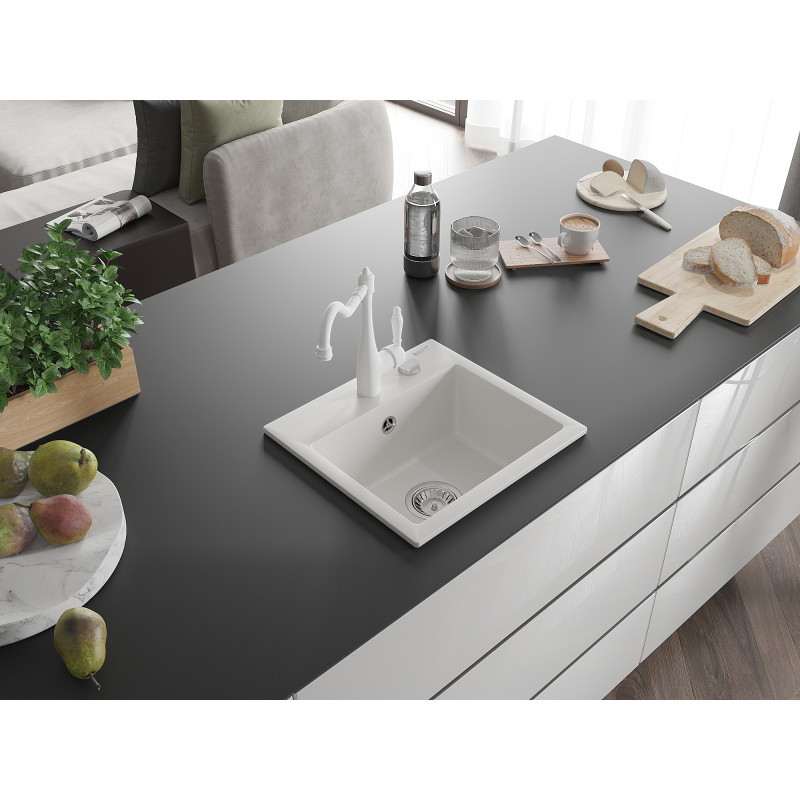Mexen Milo évier en granit 1 bac avec robinet de cuisine Carla, blanc - 6505-20-670700-20