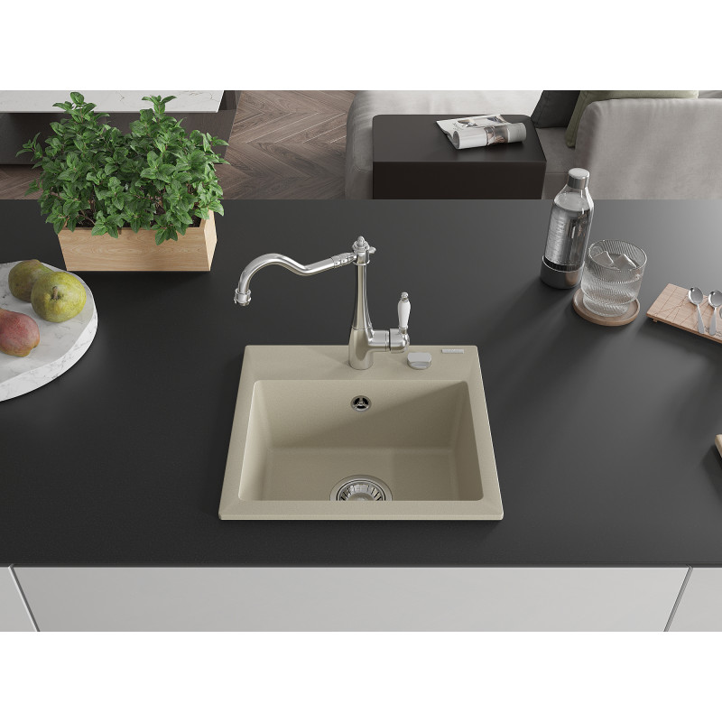 Mexen Milo évier en granit 1 bac avec mitigeur de cuisine Carla, beige - 6505-69-670700-00