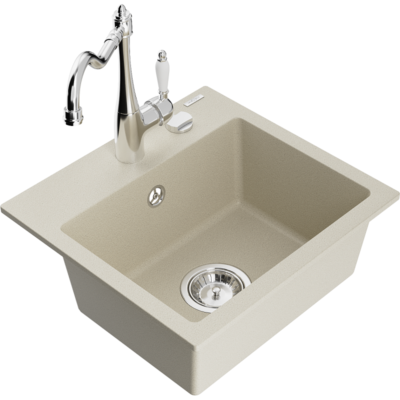 Mexen Milo évier en granit 1 bac avec robinet de cuisine Carla, beige - 6505-69-670700-00