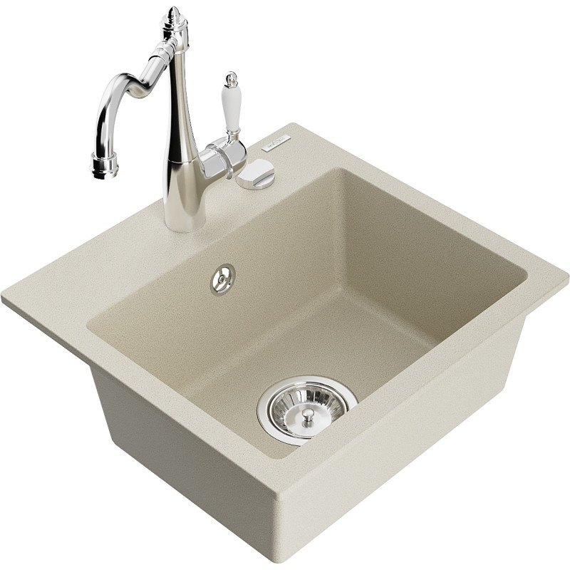 Mexen Milo évier en granit à 1 bac avec robinet de cuisine Carla, beige - 6505-69-670700-00