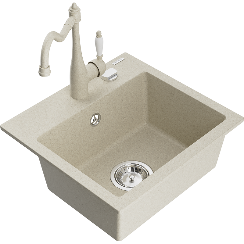 Mexen Milo évier en granit à 1 bac avec robinet de cuisine Carla, beige - 6505-69-670700-69