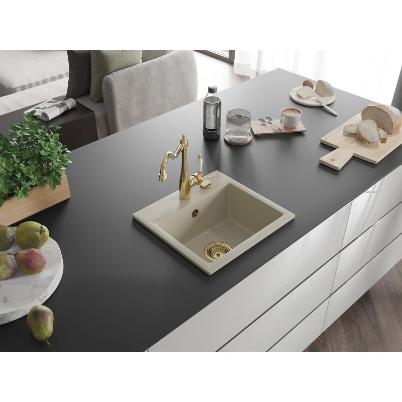 Mexen Milo évier de cuisine en granit 1-bac avec robinet de cuisine Carla, beige - 6505-69-670700-50