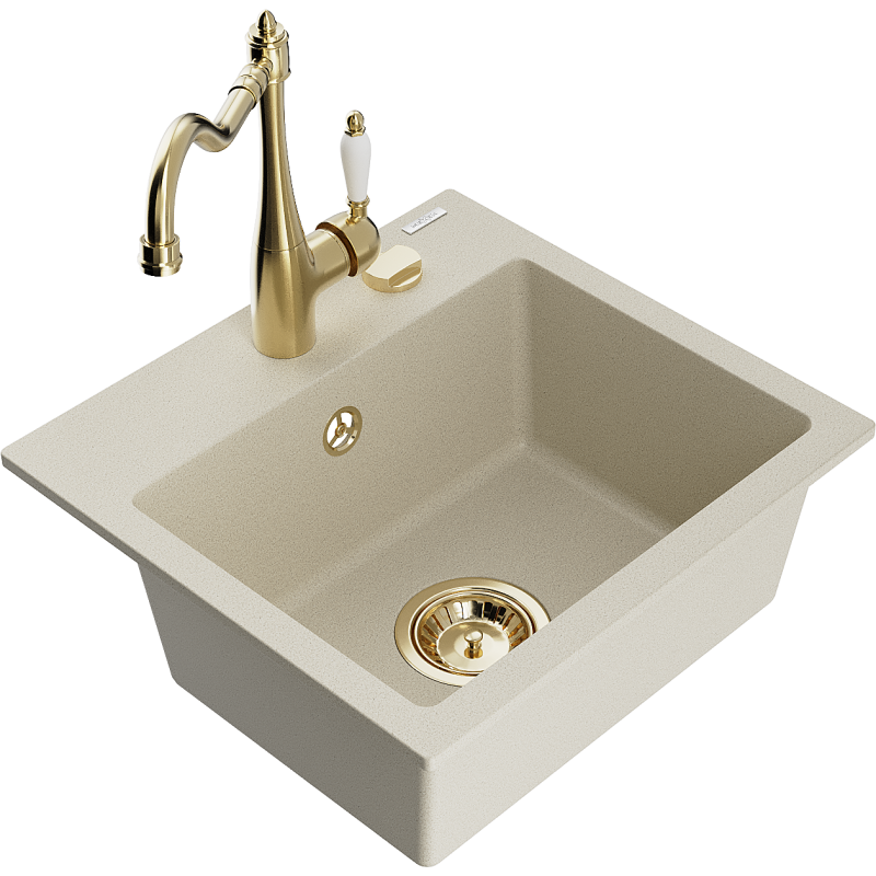 Mexen Milo évier de cuisine en granit 1-bac avec robinet de cuisine Carla, beige - 6505-69-670700-50