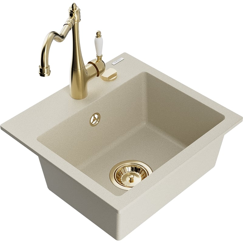 Mexen Milo Évier en granit 1 bac avec robinet de cuisine Carla, beige - 6505-69-670700-50