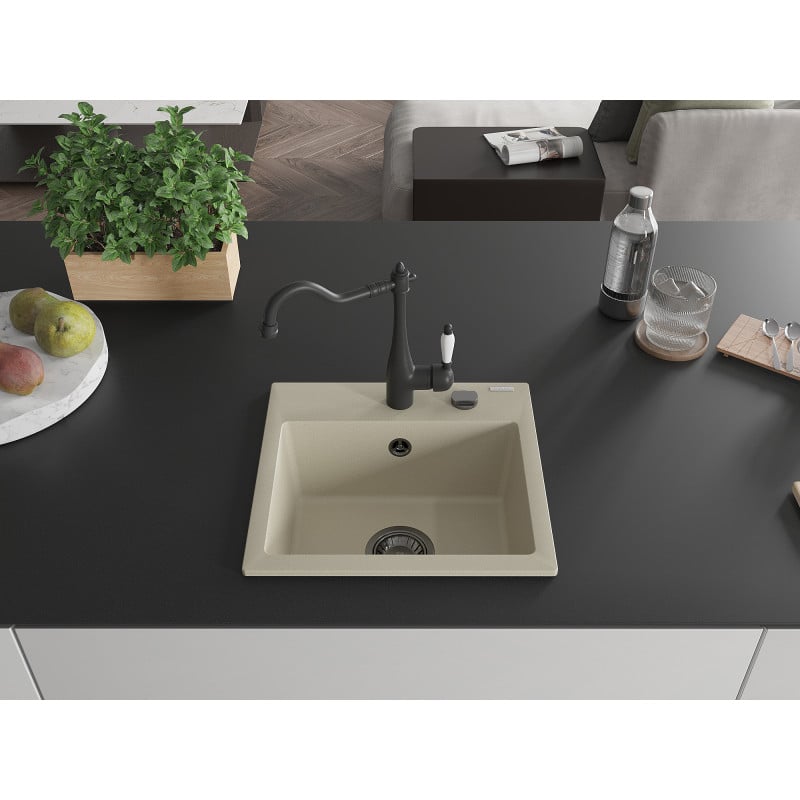 Mexen Milo évier en granit 1 bac avec robinet de cuisine Carla, beige - 6505-69-670700-70