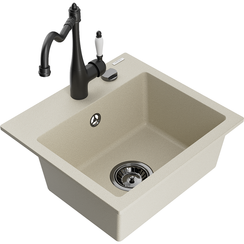 Mexen Milo évier en granit 1 bac avec robinet de cuisine Carla, beige - 6505-69-670700-70