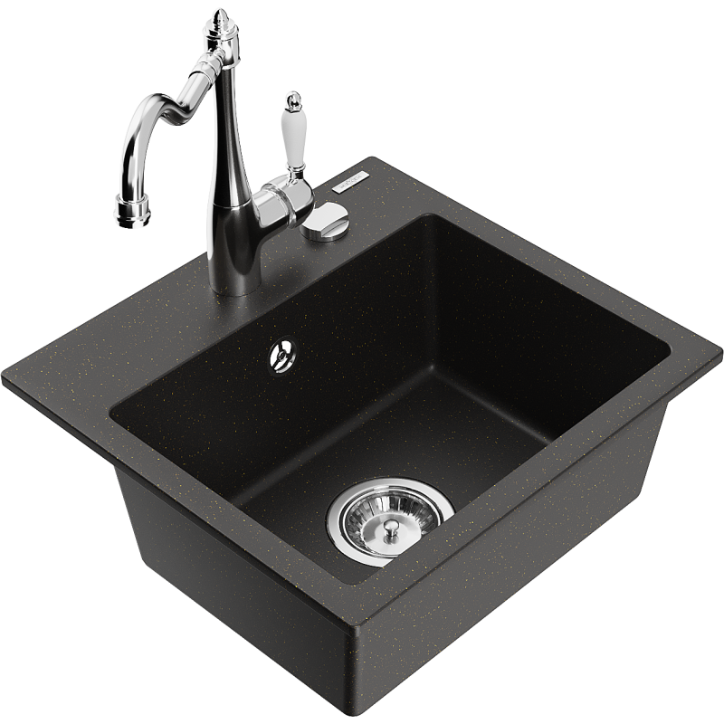 Mexen Milo évier en granite 1 bac avec robinet de cuisine Carla, noir/doré métallique - 6505-75-670700-00