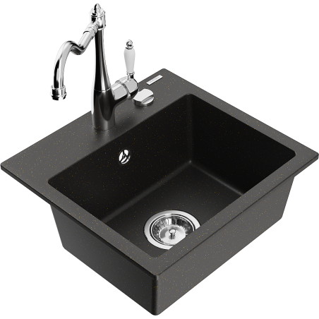 Mexen Milo évier en granite 1 bac avec robinet de cuisine Carla, noir/doré métallique - 6505-75-670700-00