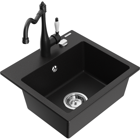 Mexen Milo Évier en granit 1-bassin avec robinet de cuisine Carla, noir - 6505-77-670700-70