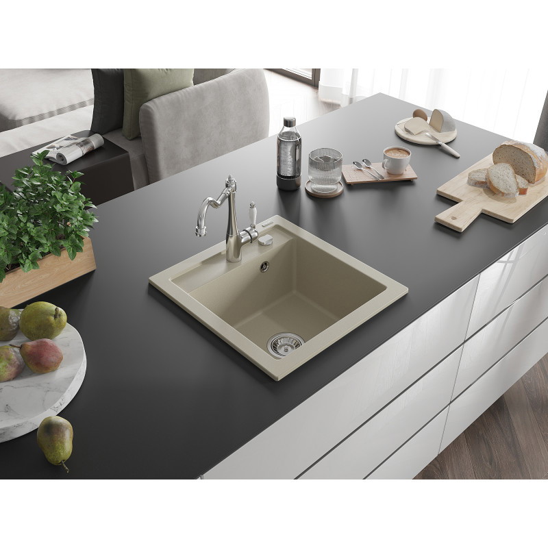 Mexen Vito évier en granit 1 bac avec robinet de cuisine Carla, beige - 6503-69-670700-00
