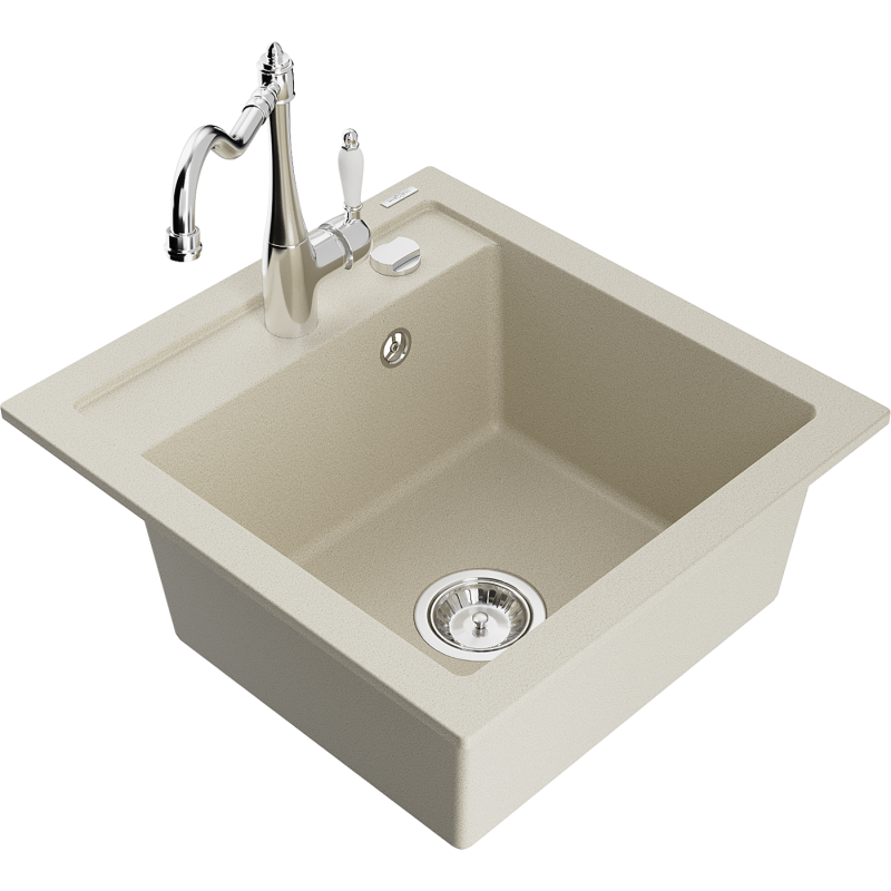 Mexen Vito évier en granit 1 bac avec robinet de cuisine Carla, beige - 6503-69-670700-00