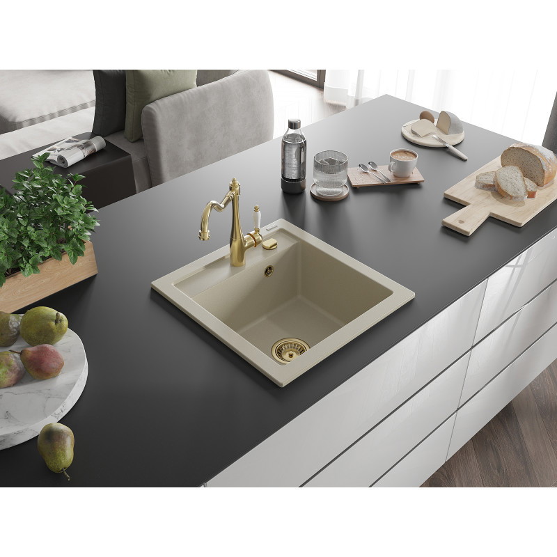 Mexen Vito évier en granit 1 bac avec robinet de cuisine Carla, beige - 6503-69-670700-50