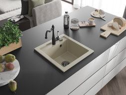 Mexen Vito évier en granit 1 bac avec robinet de cuisine Carla, beige - 6503-69-670700-70