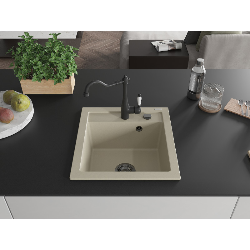 Mexen Vito évier en granit 1 bac avec robinet de cuisine Carla, beige - 6503-69-670700-70