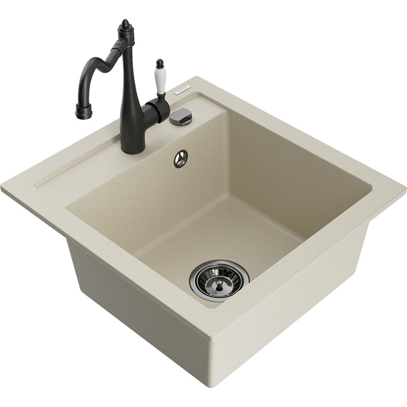 Mexen Vito évier en granit 1 cuve avec robinet de cuisine Carla, beige - 6503-69-670700-70