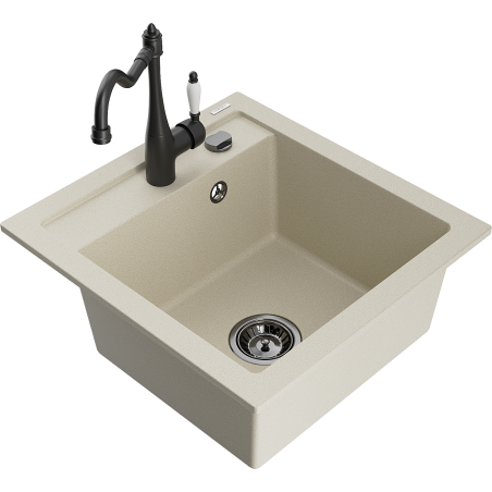 Mexen Vito évier en granit 1 bac avec robinet de cuisine Carla, beige - 6503-69-670700-70