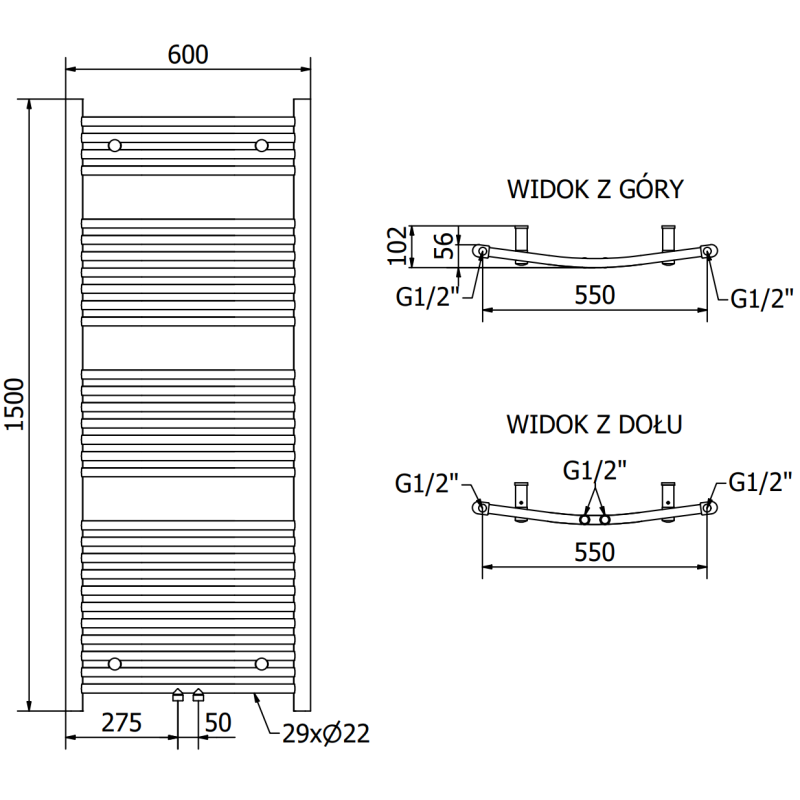 Mexen Ares radiateur de salle de bains 1500 x 600 mm, 733 W, noir - W102-1500-600-00-70