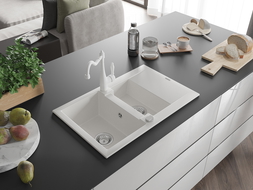 Mexen Gaspar évier en granit 1,5-bassins avec égouttoir et mitigeur Carla, blanc - 6507-20-670700-20