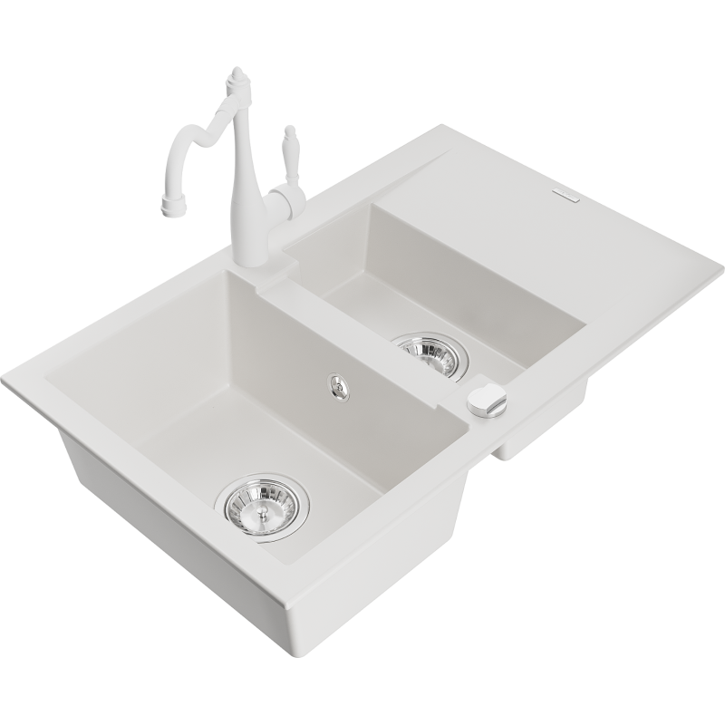 Mexen Gaspar évier en granit 1,5-bassins avec égouttoir et mitigeur Carla, blanc - 6507-20-670700-20