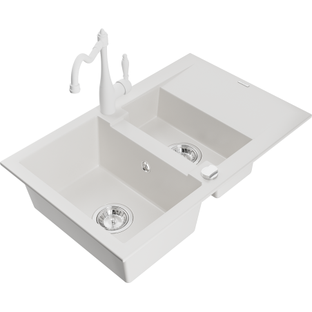 Mexen Gaspar évier en granit 1,5-bassins avec égouttoir et mitigeur Carla, blanc - 6507-20-670700-20