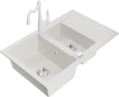Mexen Gaspar évier en granit 1,5-bassins avec égouttoir et mitigeur Carla, blanc - 6507-20-670700-20