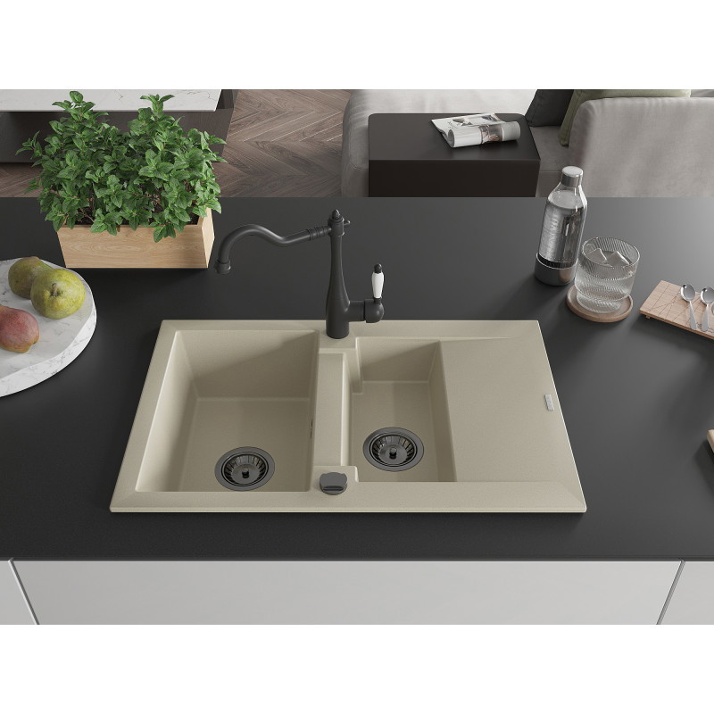 Mexen Gaspar évier en granit 1,5 cuves avec égouttoir et robinet de cuisine Carla, beige - 6507-69-670700-70