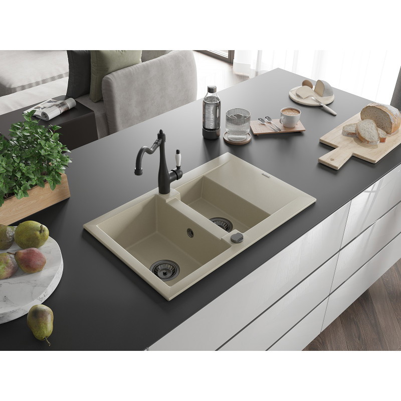Mexen Gaspar évier en granit 1,5 cuves avec égouttoir et robinet de cuisine Carla, beige - 6507-69-670700-70