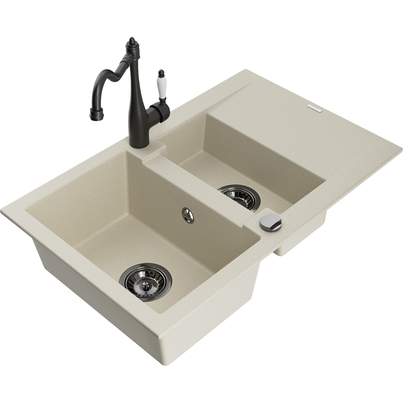 Mexen Gaspar évier en granit 1,5 cuves avec égouttoir et robinet de cuisine Carla, beige - 6507-69-670700-70