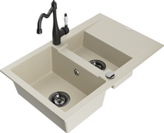 Mexen Gaspar évier en granit 1,5 cuves avec égouttoir et robinet de cuisine Carla, beige - 6507-69-670700-70