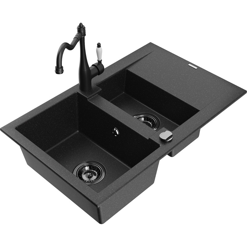Mexen Gaspar évier de cuisine en granit 1,5 bac avec égouttoir et robinet Carla, noir/argent - 6507-73-670700-70-B