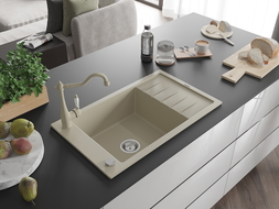Mexen Elias évier en granit 1 bassine avec égouttoir et robinet de cuisine Carla, beige - 6511-69-670700-69