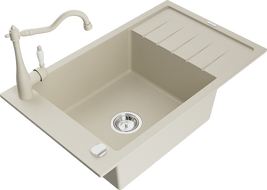 Mexen Elias évier en granit 1 bassine avec égouttoir et robinet de cuisine Carla, beige - 6511-69-670700-69