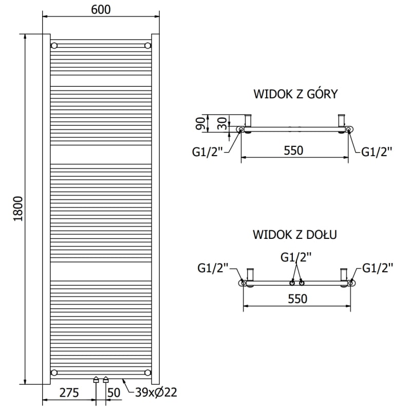 Mexen Mars radiateur de salle de bain 1800 x 600 mm, 953 W, blanc - W110-1800-600-00-20
