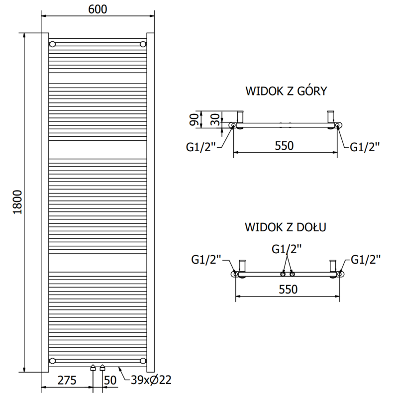 Mexen Mars radiateur de salle de bain 1800 x 600 mm, 953 W, noir - W110-1800-600-00-70
