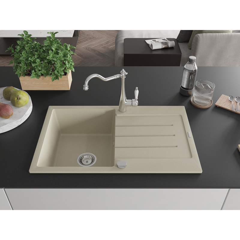 Mexen Bruno évier en granit 1 cuve avec égouttoir et robinet de cuisine Carla, beige - 6513-69-670700-00