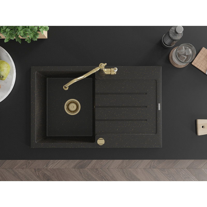 Mexen Bruno évier en granit 1 bac avec égouttoir et robinet de cuisine Carla, noir/doré métallique - 6513-75-670700-50