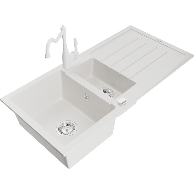 Mexen Andres évier en granit 1,5 bac avec égouttoir et robinet de cuisine Carla, blanc - 6515-20-670700-20