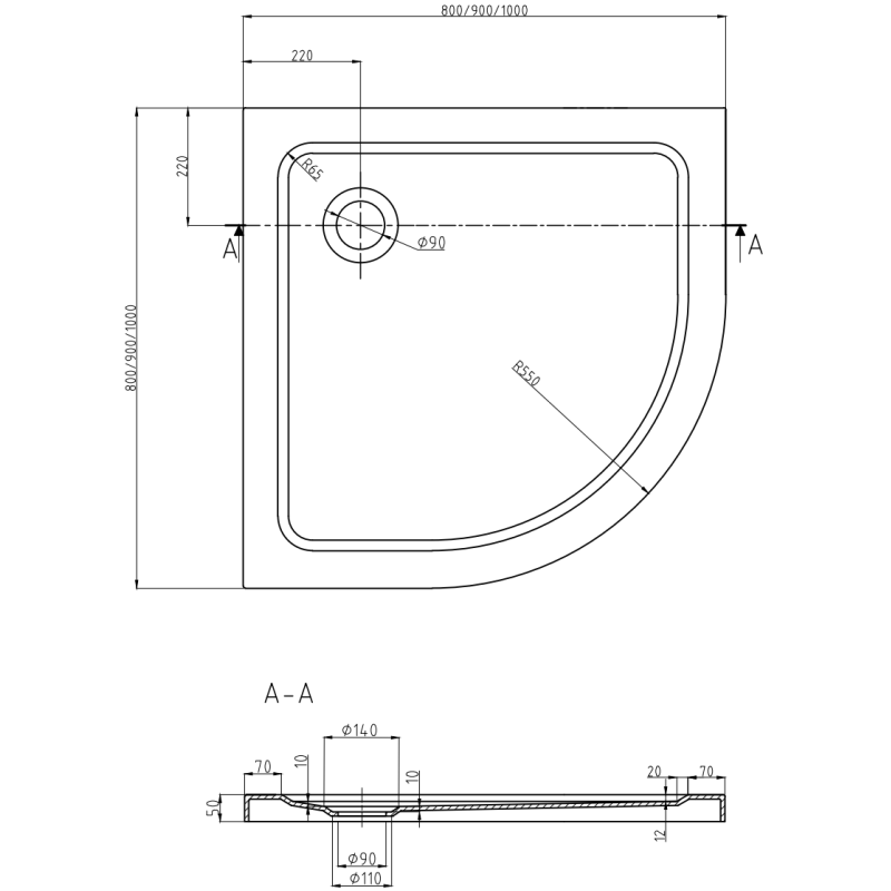 Mexen Flat receveur de douche demi-circulaire slim 100 x 100 cm, noir, siphon chrome - 41701010
