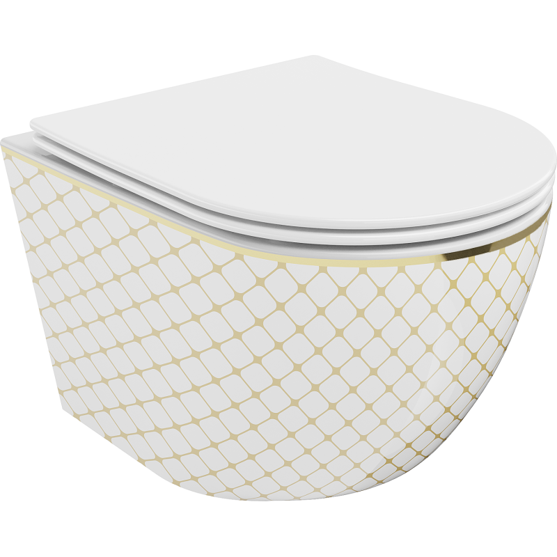 Mexen Lena cuvette WC Rimless avec abattant à fermeture lente slim, duroplast, blanc/or motif carreaux - 30224009