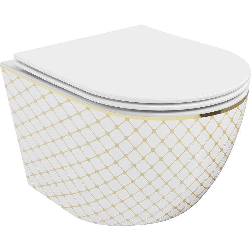 Mexen Lena cuvette WC sans rebord avec abattant à descente amortie slim, duroplast, blanc/or motif grille - 30224009
