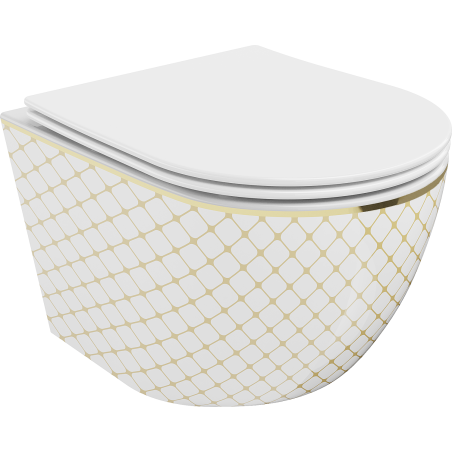 Mexen Lena cuvette WC Rimless avec abattant à fermeture lente slim, duroplast, blanc/or motif carreaux - 30224009