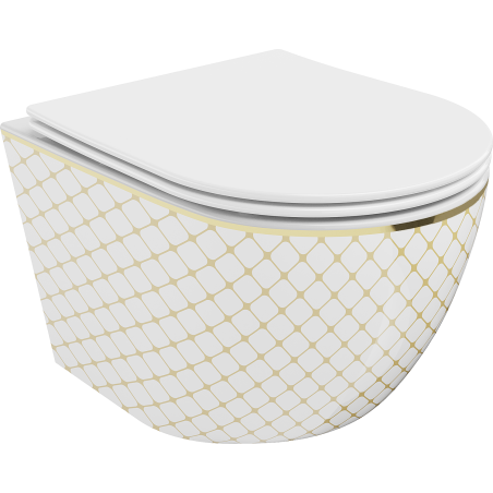 Mexen Lena cuvette WC sans rebord avec abattant à descente amortie slim, duroplast, blanc/or motif grille - 30224009