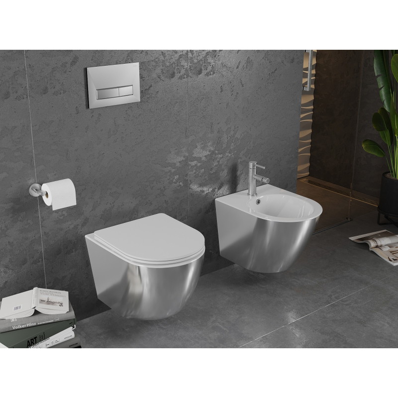 Mexen Lena cuvette WC Rimless avec abattant slim à descente amortie, duroplast, blanc/argent - 30224004