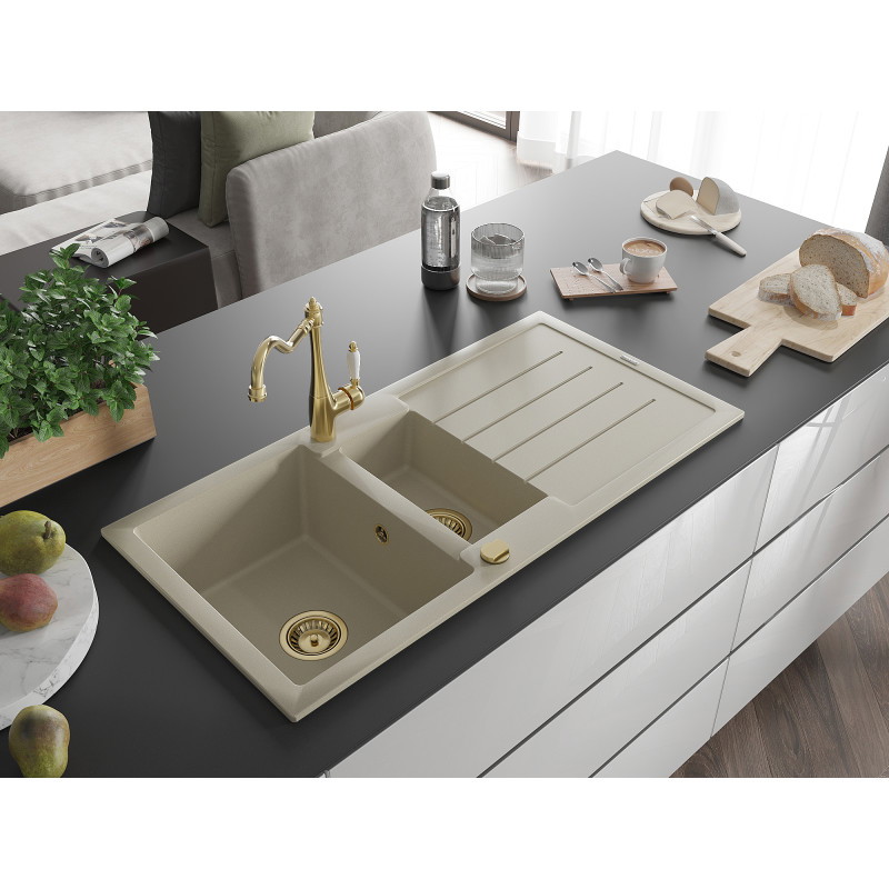 Mexen Andres évier en granit 1,5 cuve avec égouttoir et robinet de cuisine Carla, beige - 6515-69-670700-50