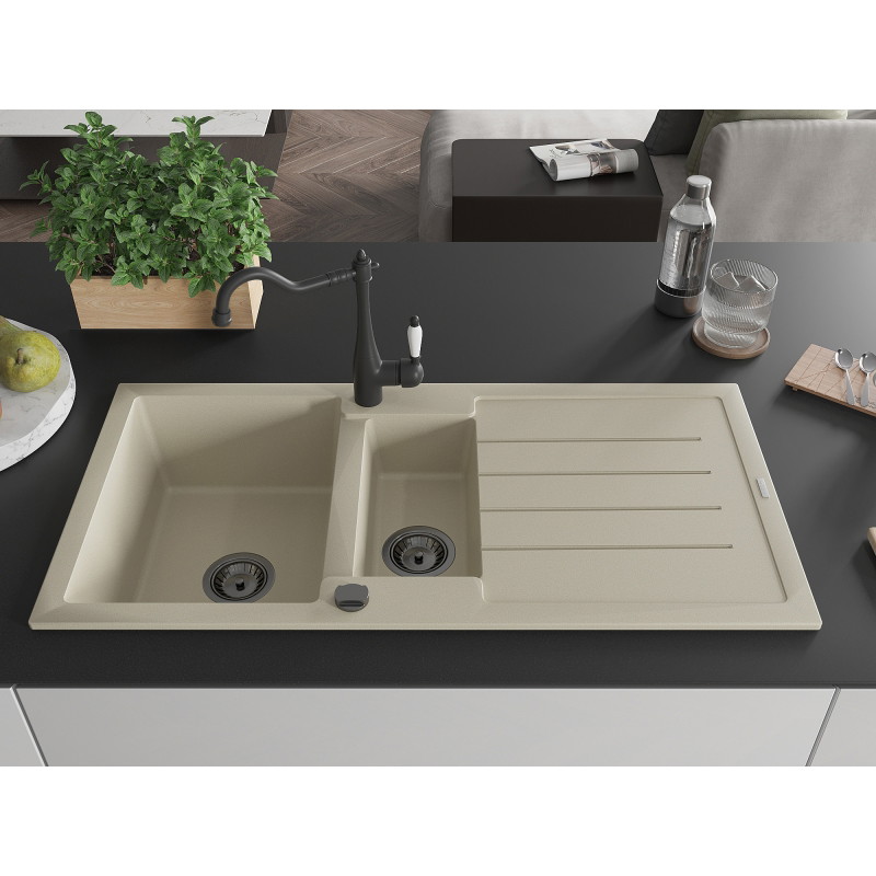 Mexen Andres évier en granit 1,5 cuves avec égouttoir et robinet de cuisine Carla, beige - 6515-69-670700-70